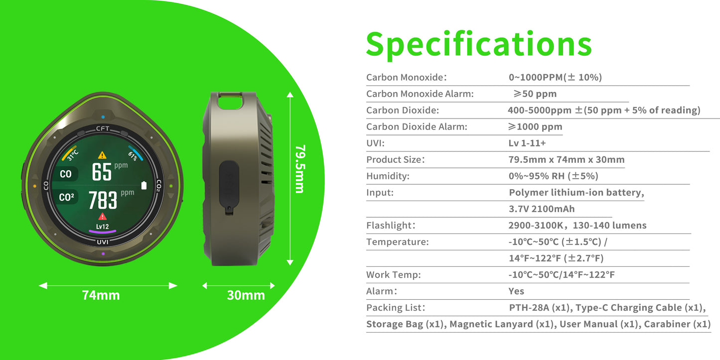 Protmex 5 in 1 Portable Multifunctional Carbon Monoxide CO2 Detector Air Quality Meter Temperature Humidity Meter with Touch Screen UV Radiation Flashlight