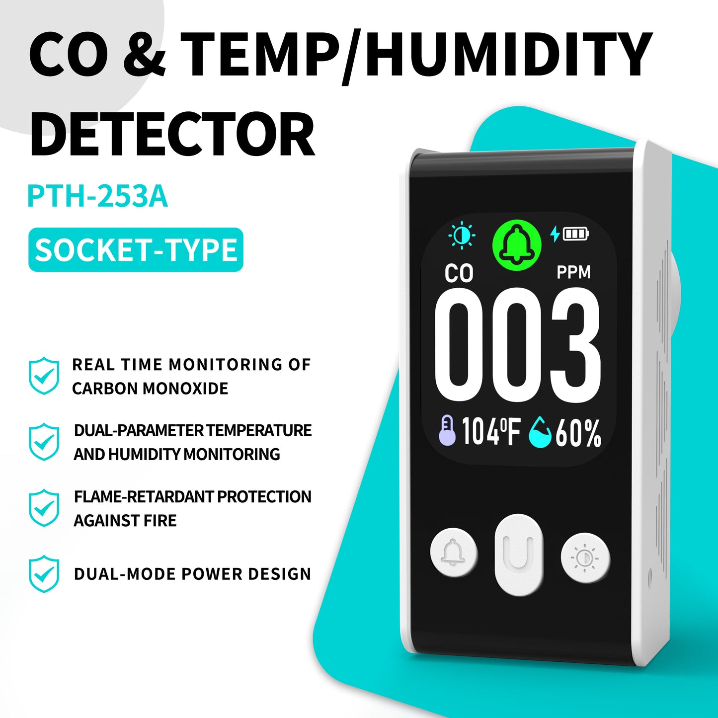 Protmex Carbon Monoxide Detector, 3-in-1 Plug-in CO Alarm with Temperature & Humidity Monitor, Smart Air Quality Monitor with Digital Display, Dual Alert, Back-Up Battery for Home, Bedroom, RV