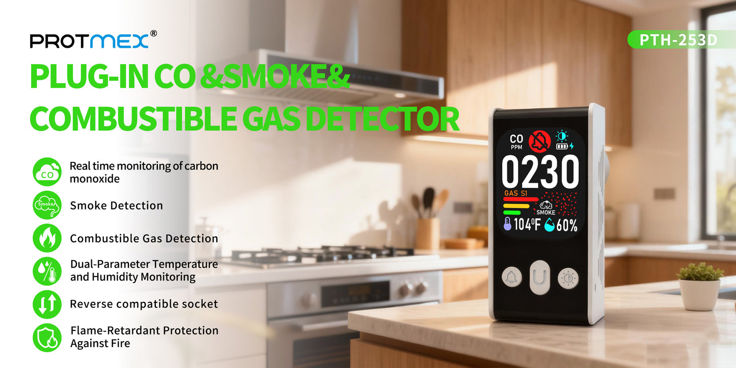 253 D Plug in All-in-One CO, Gas & Smoke Detector with battery backup Portable Real-Time Monitoring & Smart Socket alarm suitable for home & RVs and hotels