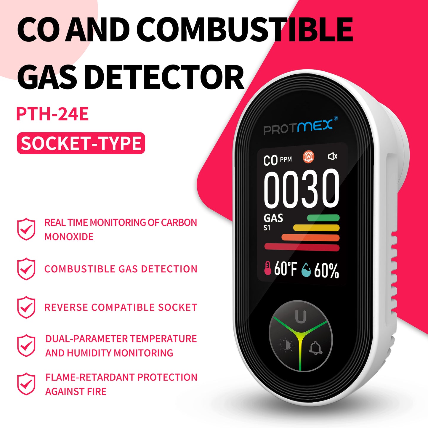 Protmex Carbon Monoxide Detector Plug in Wall, 3-in-1 Co Detector Monitor Air Quality with Temperature Humidity Sensor, Portable CO Meter Easy to Read & Install, for Home/Hotel/RV