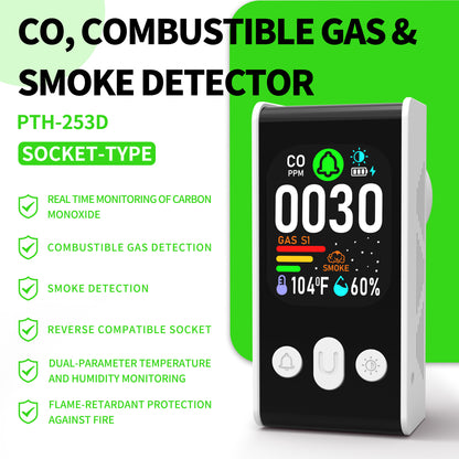 253 D Plug in All-in-One CO, Gas & Smoke Detector with battery backup Portable Real-Time Monitoring & Smart Socket alarm suitable for home & RVs and hotels