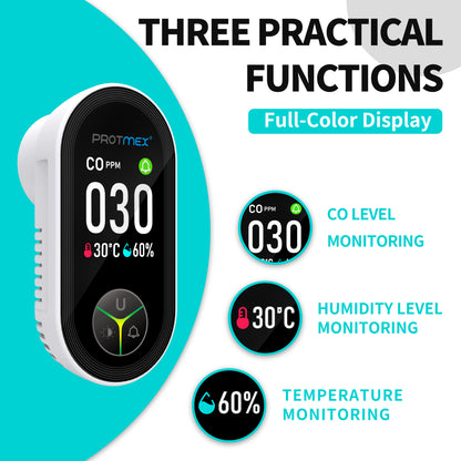 Protmex Carbon Monoxide Detector Plug in Wall, 3-in-1 Co Detector Monitor Air Quality with Temperature Humidity Sensor, Portable CO Meter Easy to Read & Install, for Home/Hotel/RV