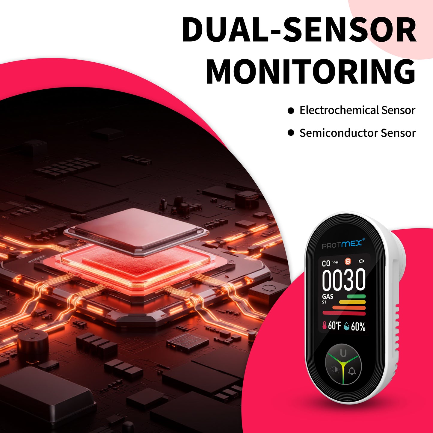 Protmex 4-in-1 Carbon Monoxide & Gas Detectors Plug in, Home CO Gas Detector with Temperature & Humidity Monitoring - Large Screen 4 in 1 CO and Gas Detector