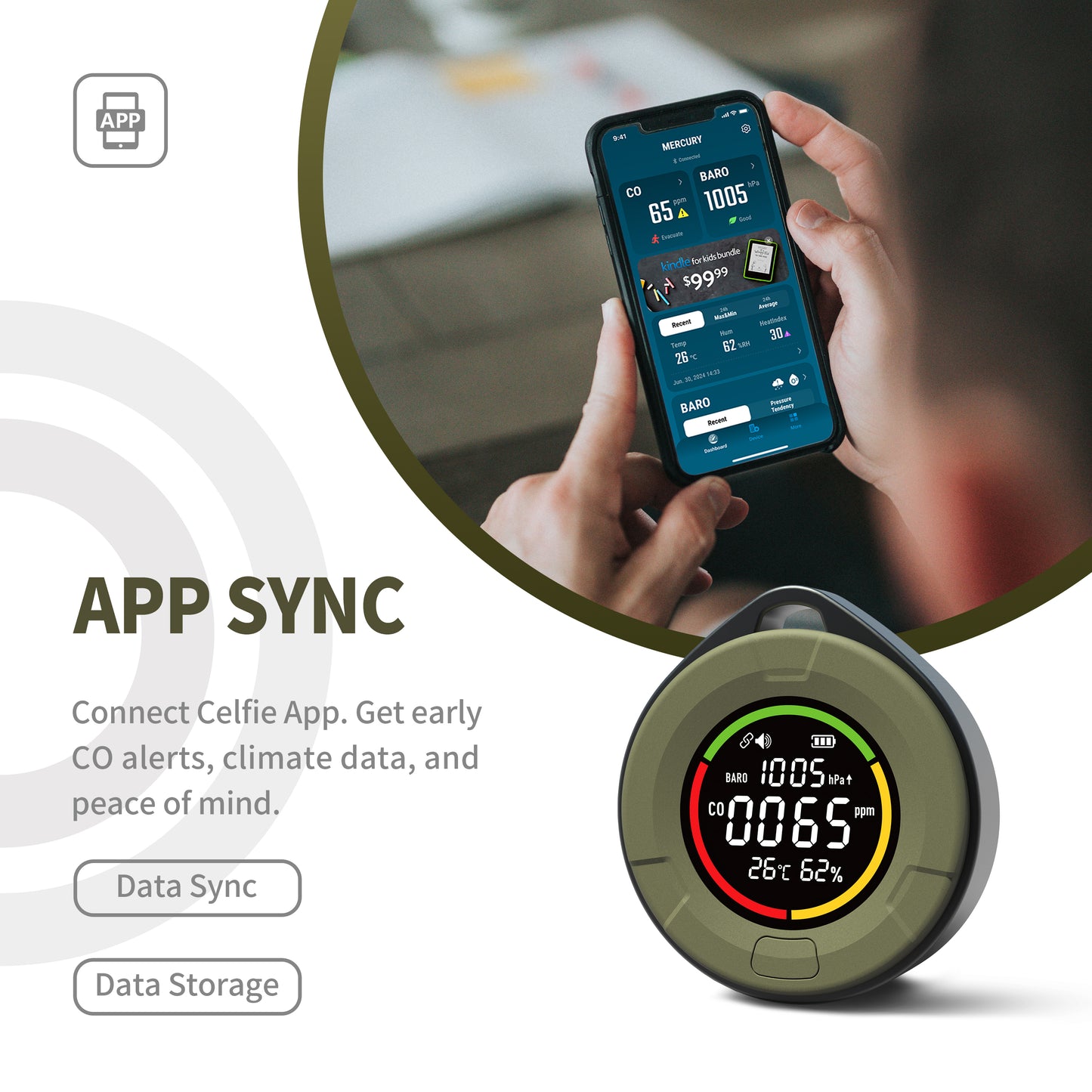 Protmex Wireless Portable Carbon Monoxide Detector, Rechargeable CO Meter Air Quality Monitor with Magnetic Suction & Barometric Pressure, RV Carbon Detector Alarm Temp/Humidity Sensor with App