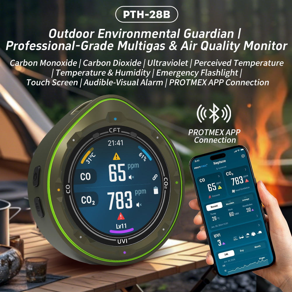 Protmex 5 in 1 Wireless Touchscreen Portable Multifunctional Carbon Monoxide CO2 Detectors Air Quality Meter Temperature Humidity Meter UV Radiation Flashlight with App