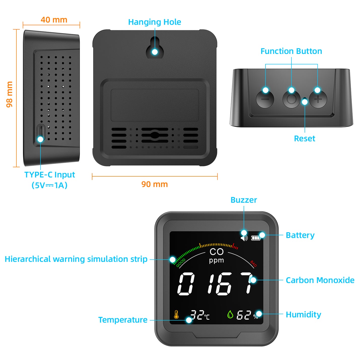 Protmex Portable 3 in 1 Multi-Function Carbon Dioxide Detector, Air Quality Monitor Real Time Monitoring Sensor/Temperature/Humidity/CO Alarm Monitor for Indoor Outdoor Travel Camping Car